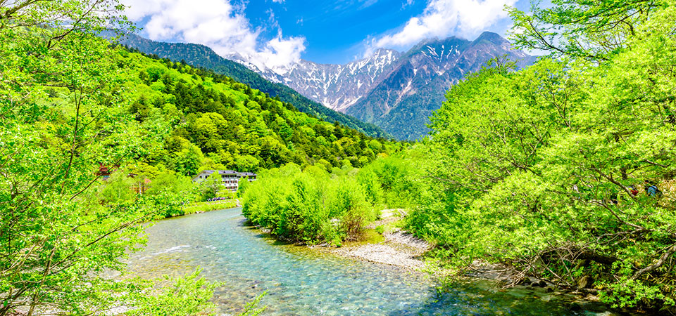 美しい山々と川の風景写真